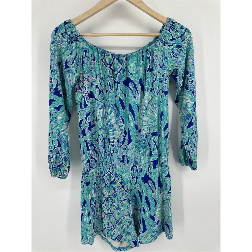 Lilly Pulitzer Lana Romper Women's XS Stretch Long Sleeve Blue Tortuga Time fun